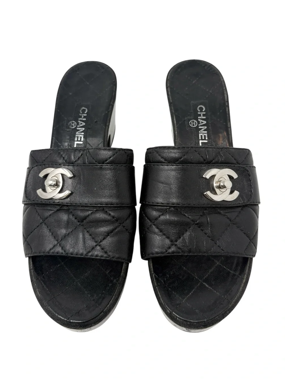 Chanel Black Quilted CC Slip On Turnlock Platform Mules Slides Clogs Sandals 38